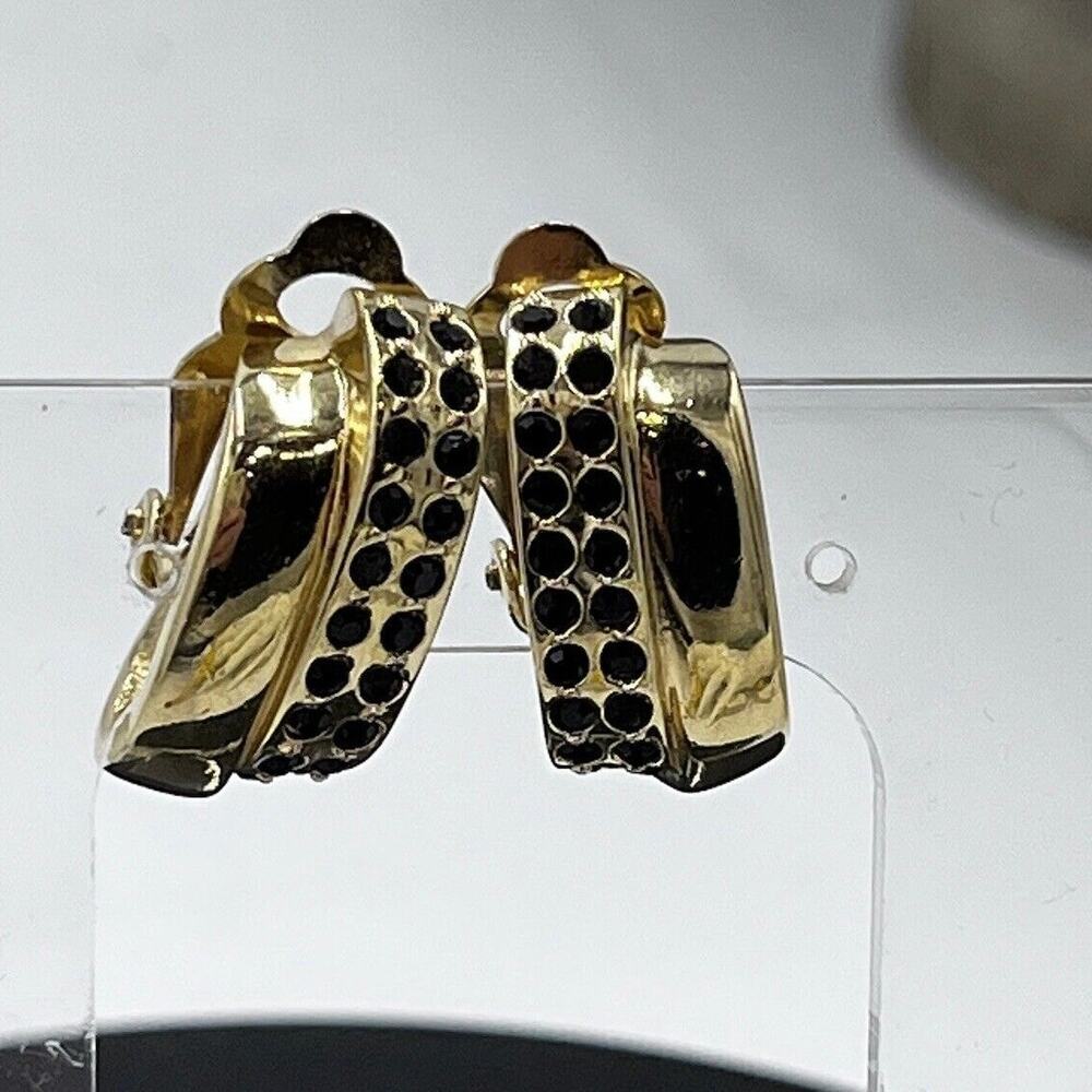 Guy Laroche Vintage Luxurious Rare Signed Gold Tone Black‎ Crystal Clip Earrings